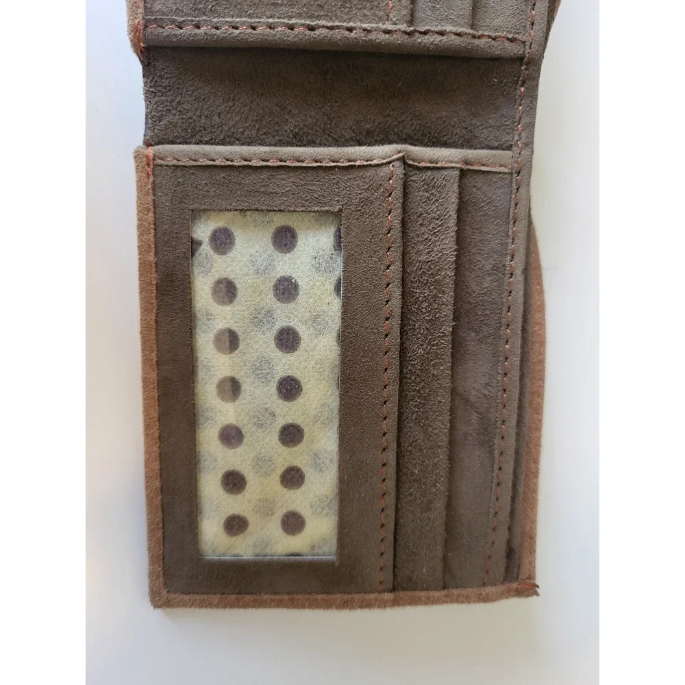Tan Brown Suede Leather Bifold Wallet Mens Two ID Windows Slim‎ Card Holder
